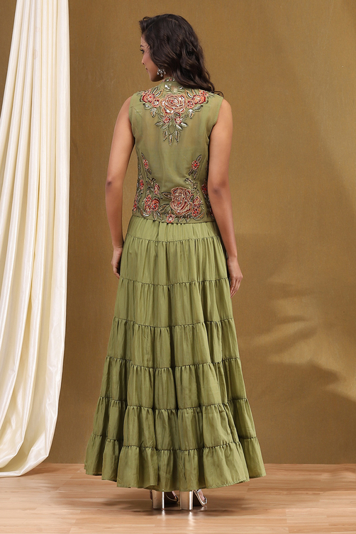 Buy Green Georgette Festive Tiered Anarkali Dress Online at Biba Global Buy Green Georgette Festive Tiered Anarkali Dress Online at Biba Global