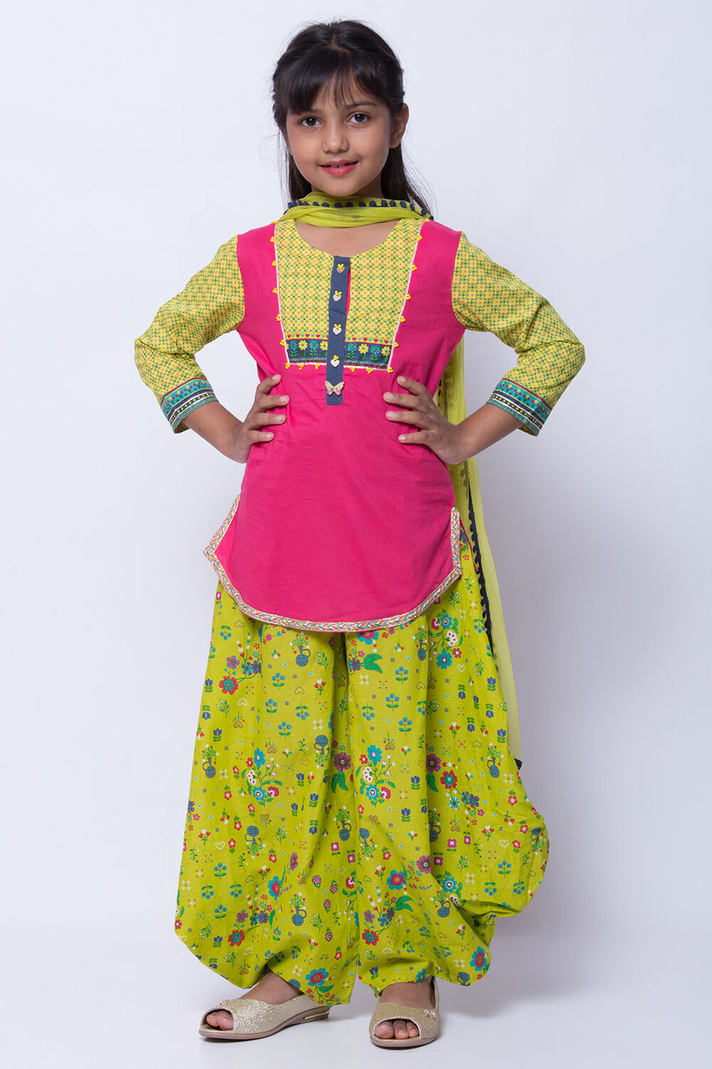 Pink Cotton Straight Kurta Dhoti Pant Suit Set at Biba India