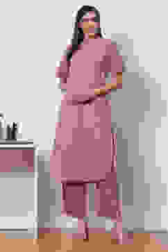 Pink Clay Cotton Straight Fusion Yarndyed Kurta Set image number 0
