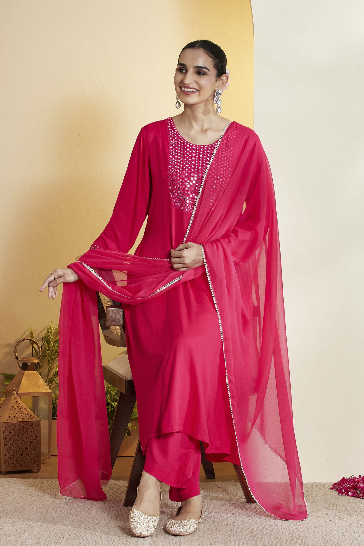 Fuschia Viscose Rayon Straight Suit Set