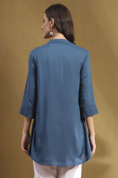 Blue Solid Shirt Collar Straight Short Kurti image number 3