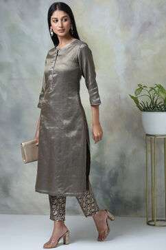 Brown Metallic Cotton Straight Kurta Pants Set image number 0