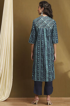 Indigo Blue Cotton Printed Straight Suit Set image number 4