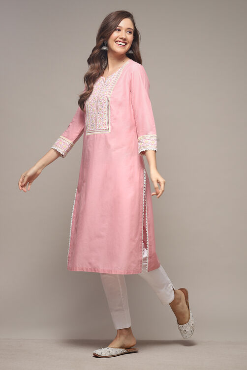 Pink Cotton Straight Embroidered Kurta image number 0