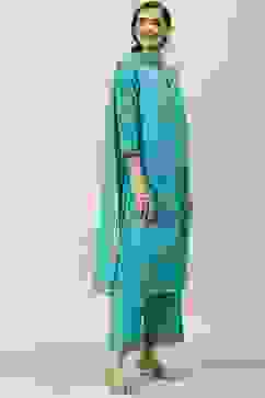 Turquoise Printed Cotton Straight Suit Set image number 6