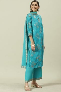 Turquoise Printed Cotton Straight Suit Set image number 6