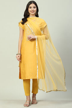 Mustard Art Silk Straight Kurta Slim Pants Suit Set image number 0