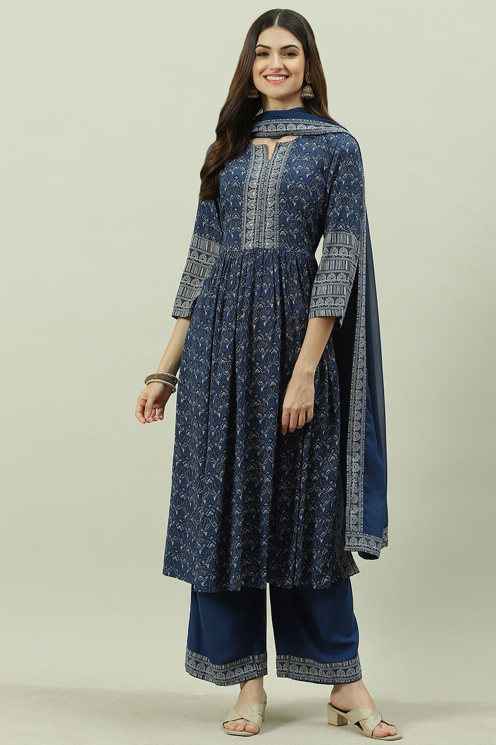 Blue Rayon A-Line Kurta Palazzo Suit Set image number 0