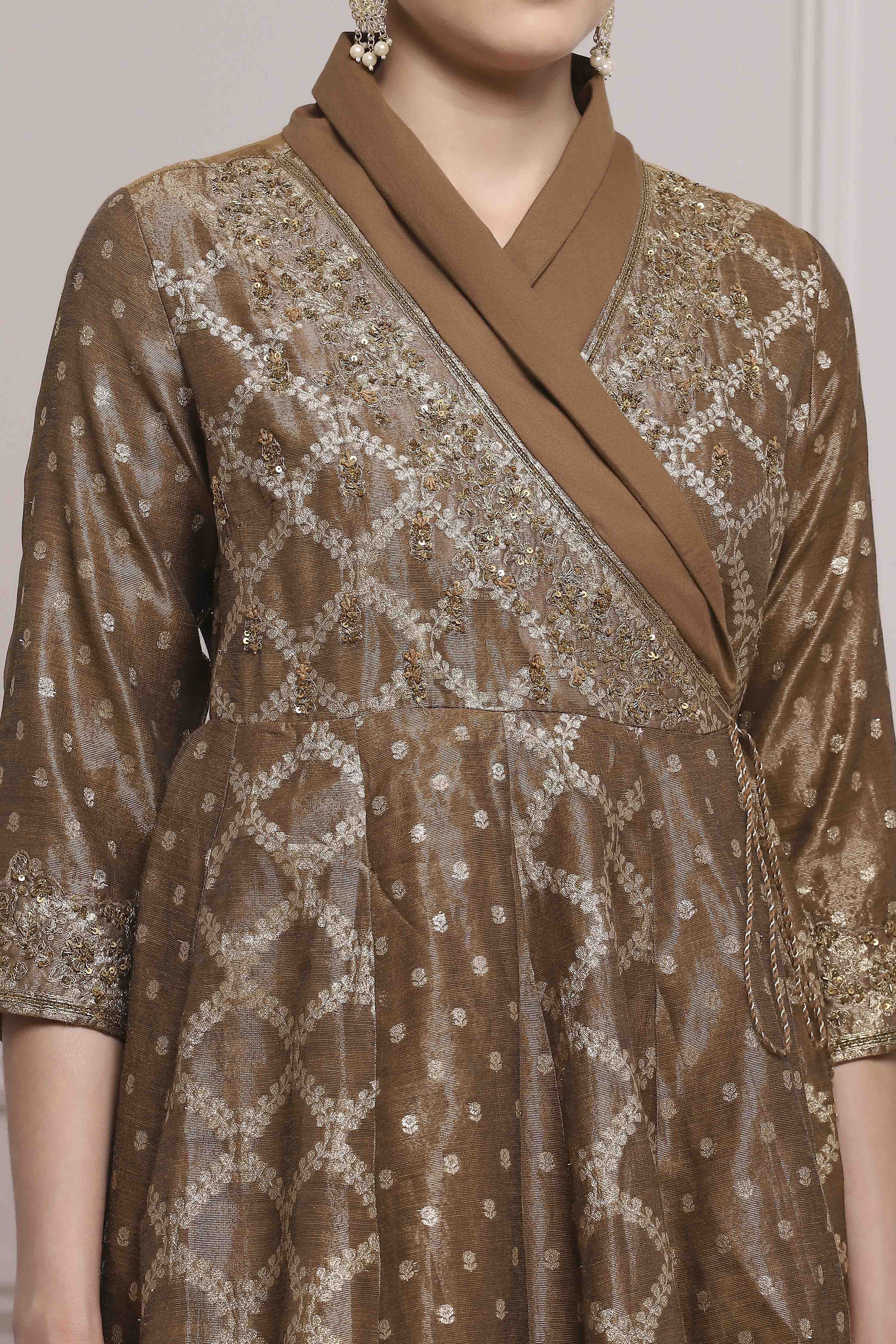 Brown Cotton Anarkali Yarndyed Suit Set image number 1