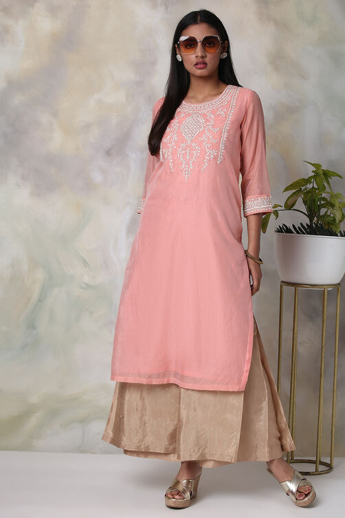 Light Pink Poly Cotton Straight Embroidered Kurta image number 4