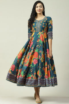 Teal Cotton Flared Fusion Printed Dress image number 0