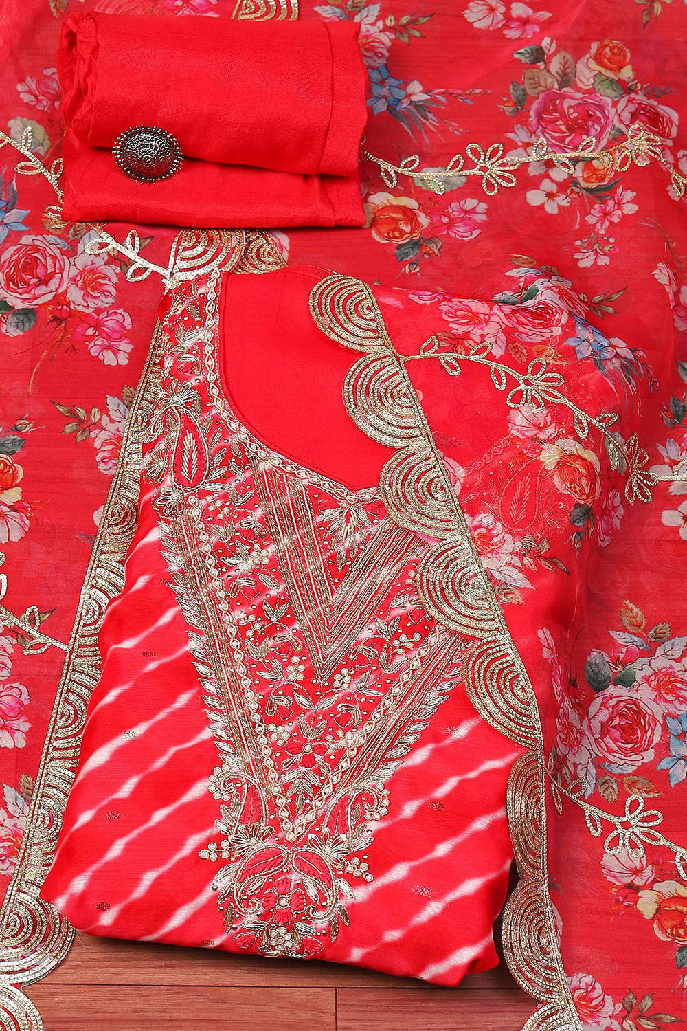 Pink Chanderi Unstitched Suit set Kurta Bottom Dupatta at Biba Global