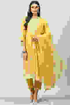 Yellow Cotton Blend Straight Kurta Slim Pants Suit Set image number 0