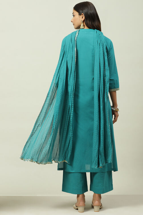 Peacock Green Printed Cotton Straight Suit Set image number 4
