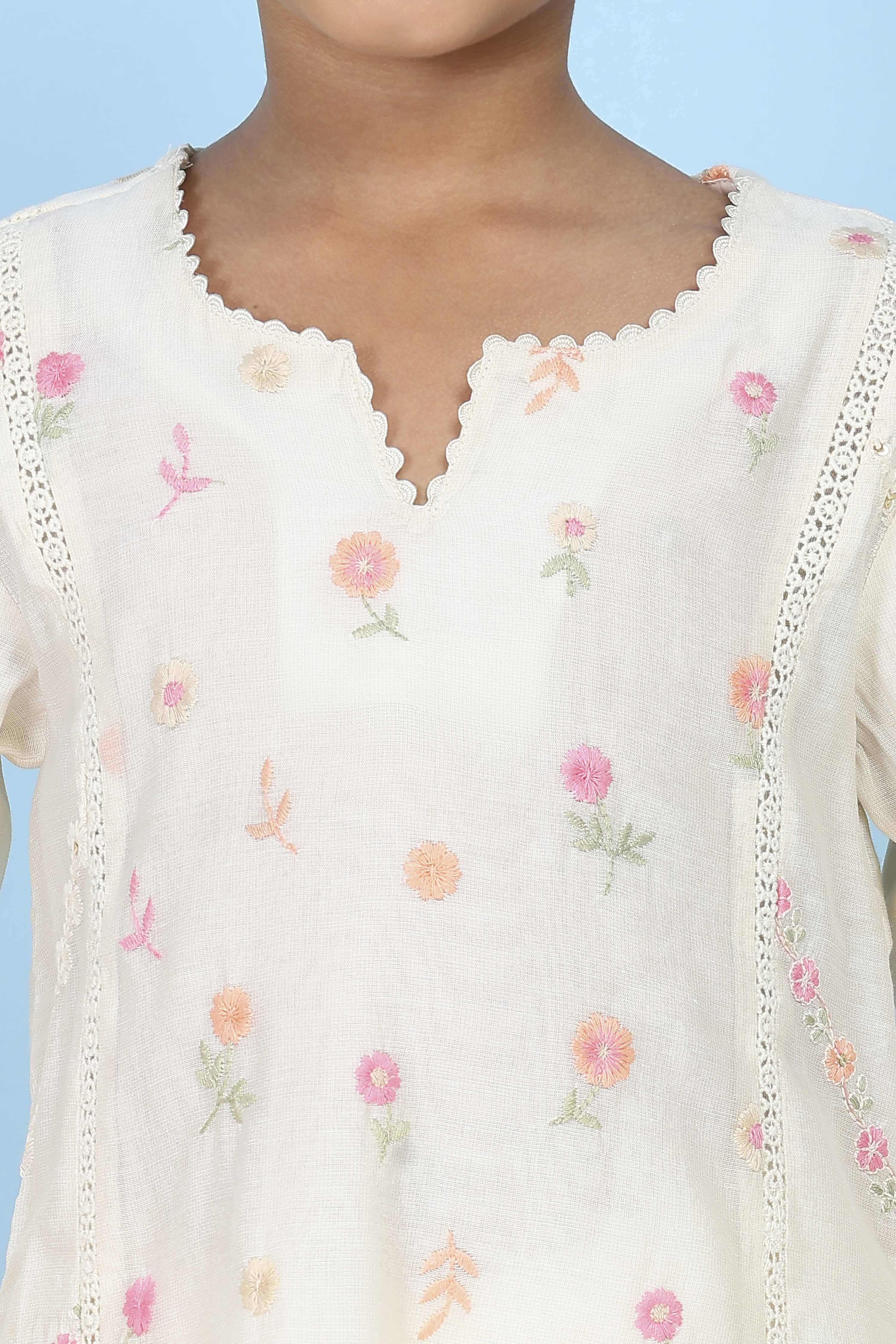 White Poly Chanderi Floral Printed A-Line Suit Set image number 1