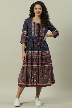 Blue Cotton Fusion Dress with Printed Jacket image number 5