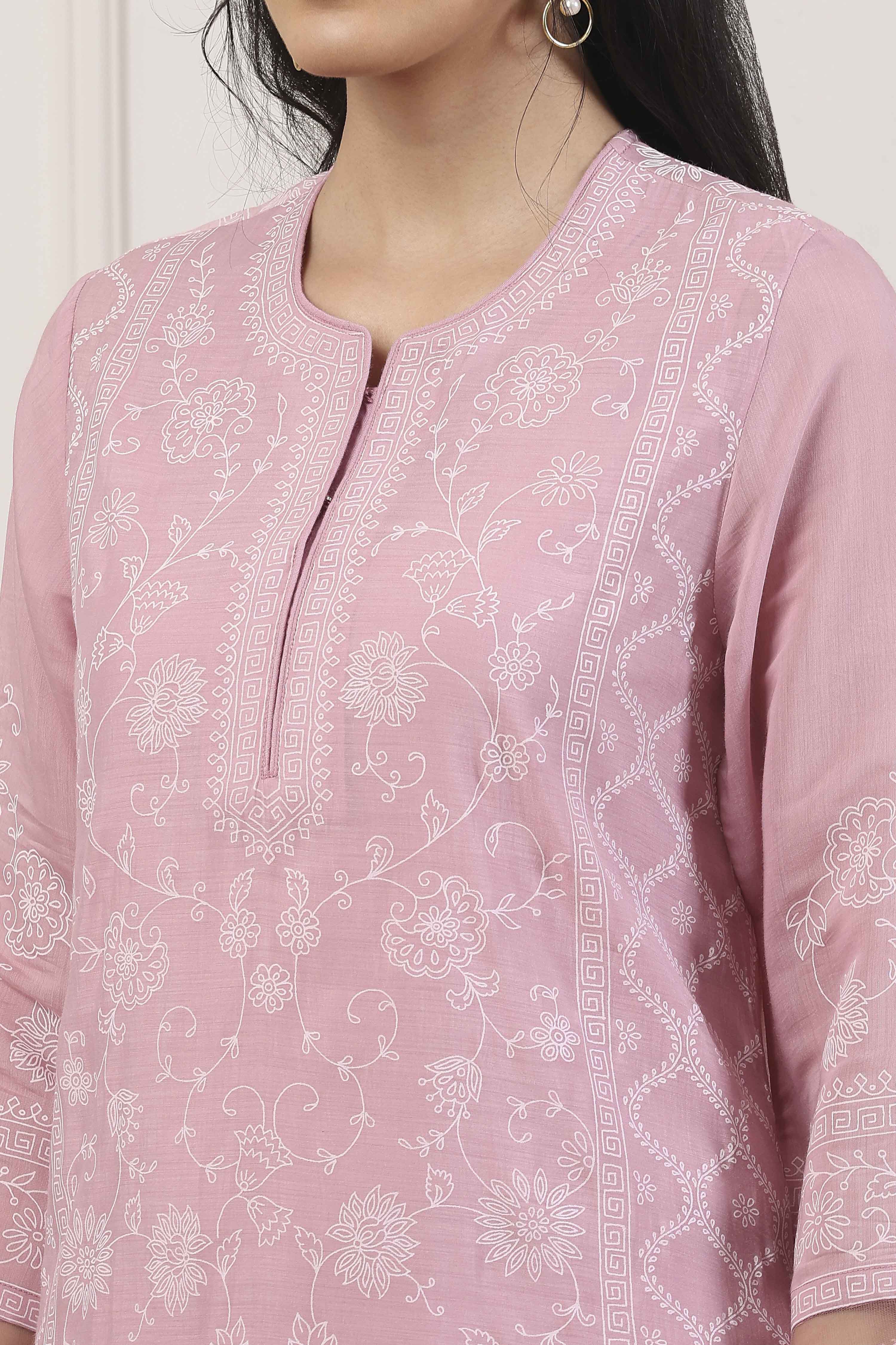 Pink Chanderi Lace Trim Floral Straight Suit Set image number 1