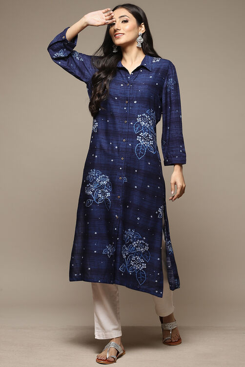 Indigo LIVA Straight Printed Kurta image number 5