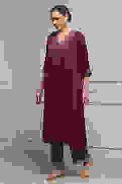 Purple Satin Solid Kaftan-Style Kurta Set image number 3