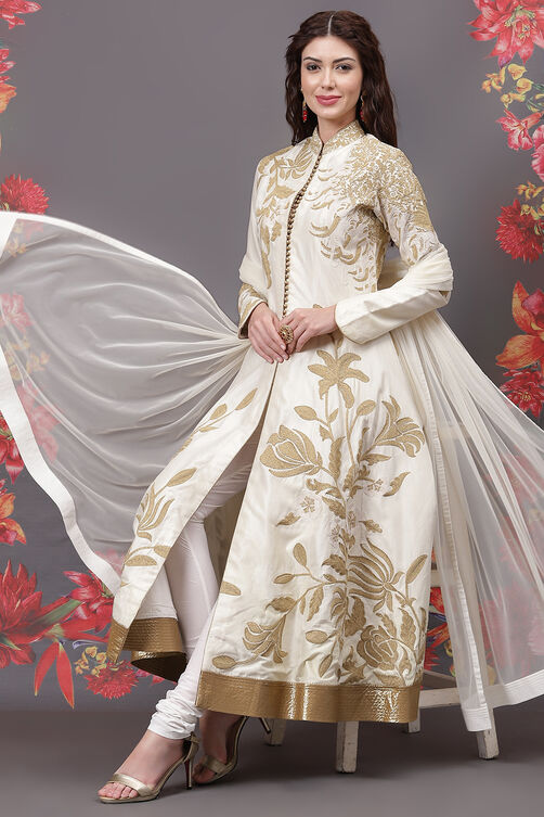 Rohit Bal Off White Cotton Silk Anarkali Yarndyed Suit Set image number 7