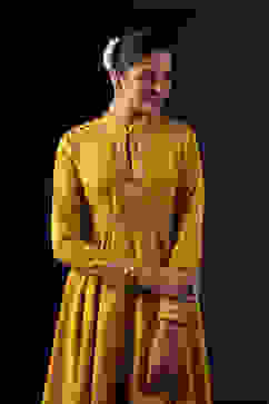 Rohit Bal Mustard Cotton Silk Anarkali Printed Suit Set image number 1