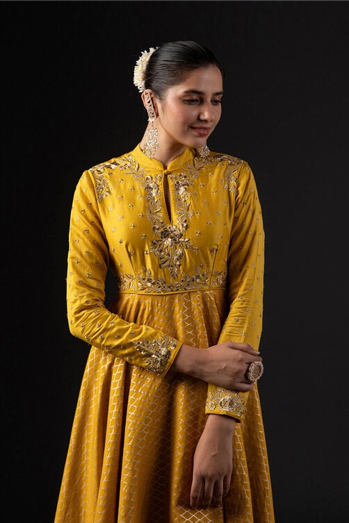 Rohit Bal Mustard Cotton Silk Anarkali Printed Suit Set image number 1
