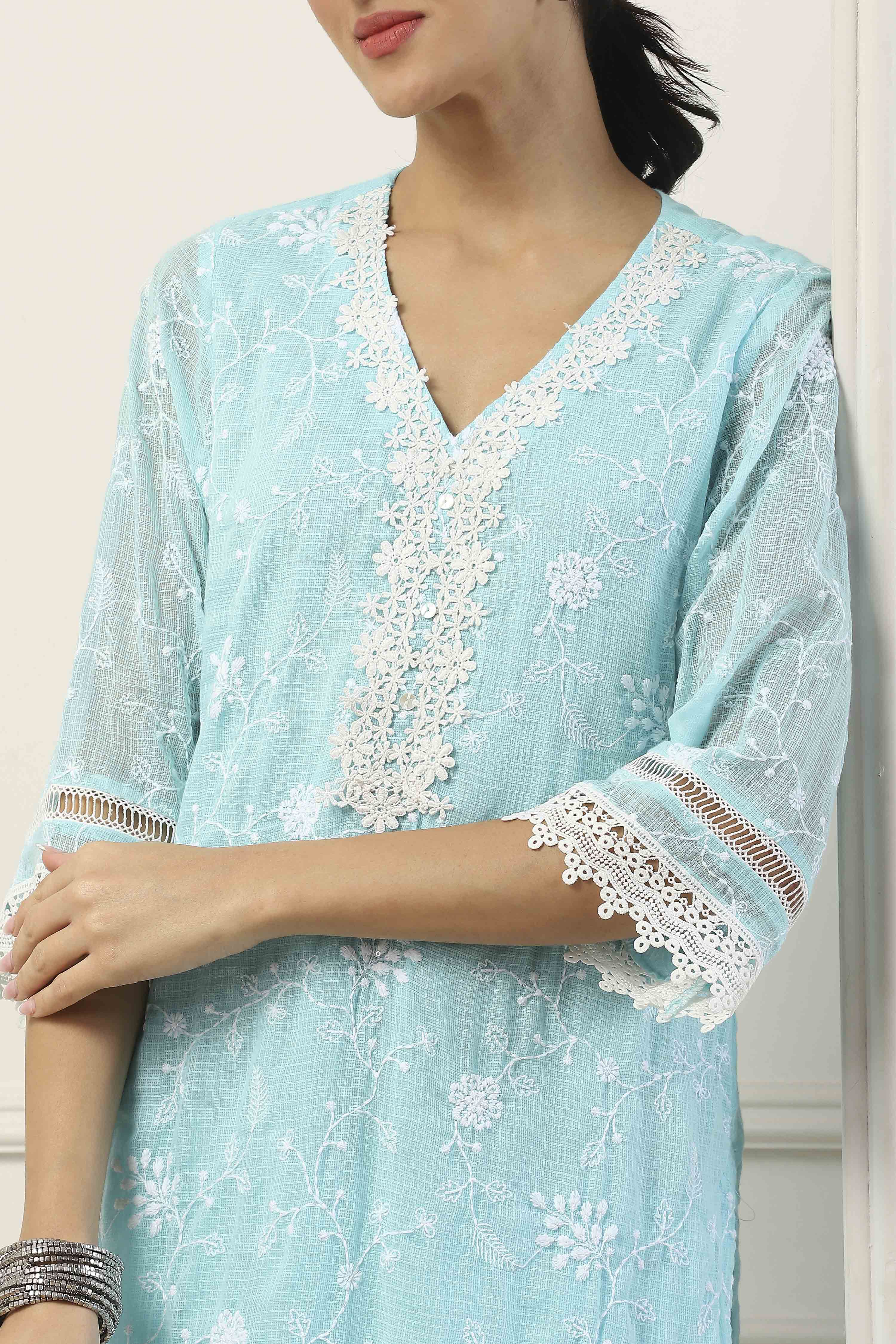 Sky Blue Cotton Floral Embroidered Straight Suit Set image number 1