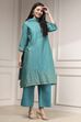 Turquoise Cotton Blend Printed Straight Suit Set image number 5