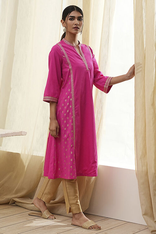 Fuchsia Cotton Printed A-Line Kurta image number 0