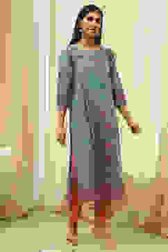 Teal Cotton Printed Straight Kurta image number 3