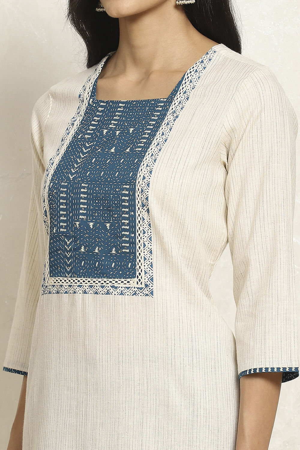 Off- White and Blue Cotton Printed Unstitched Suit Set image number 2