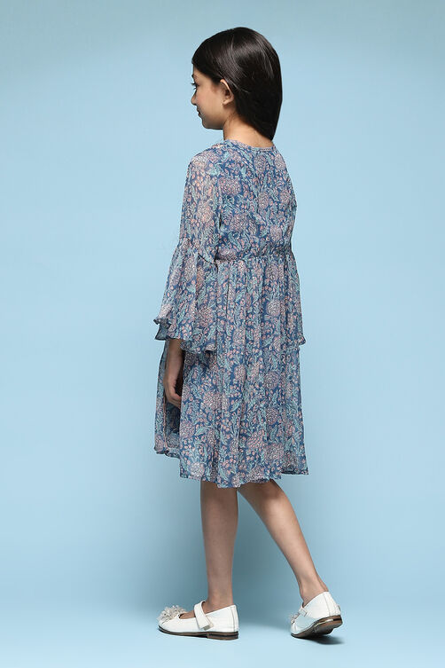 Blue Polyester Gathered Printed Dress image number 4
