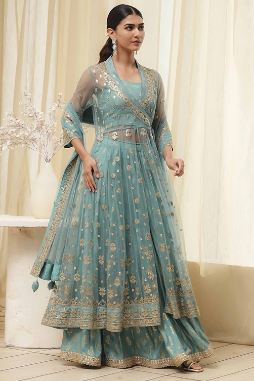 Coral-Pink Polyester Blend Anarkali Lehenga Set image number 5