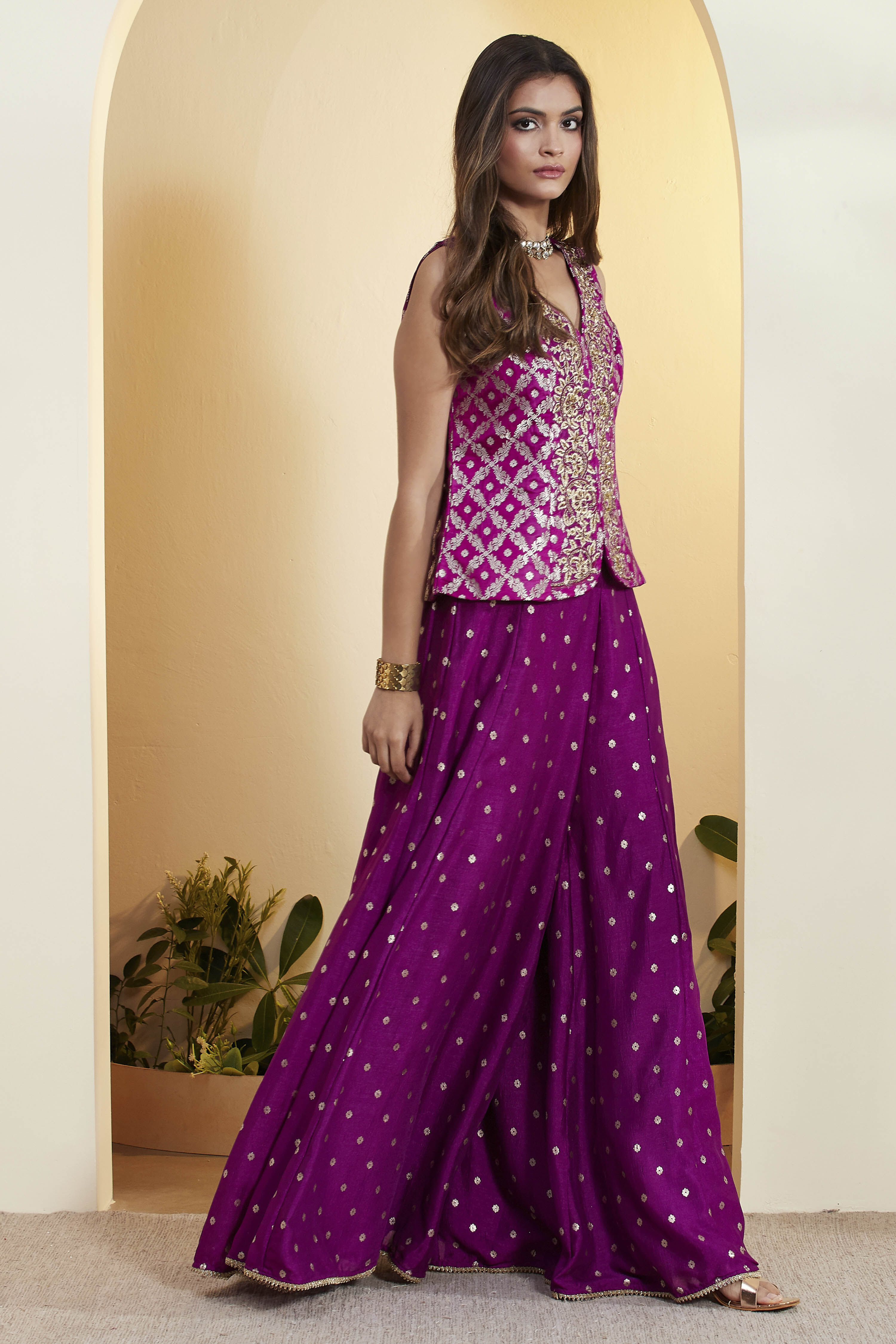 Purple Viscose Rayon Embroidered Fusion Set image number 5
