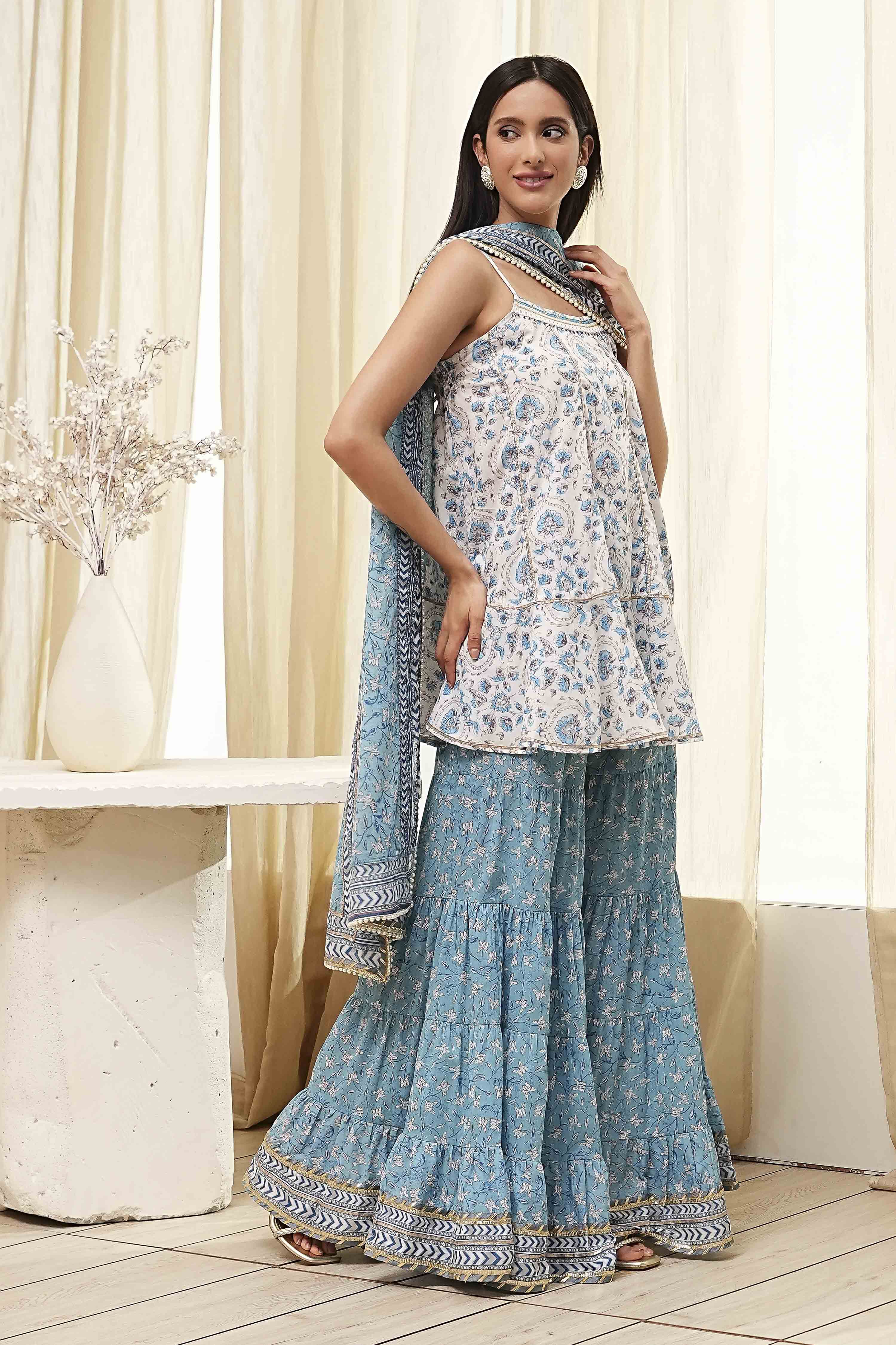 White and Blue Cotton Floral Flared Suit Set image number 5