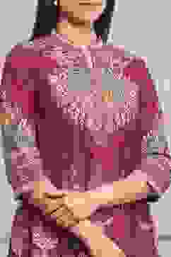 Magenta Cotton Kalidar Printed Kurta Pants Set image number 1