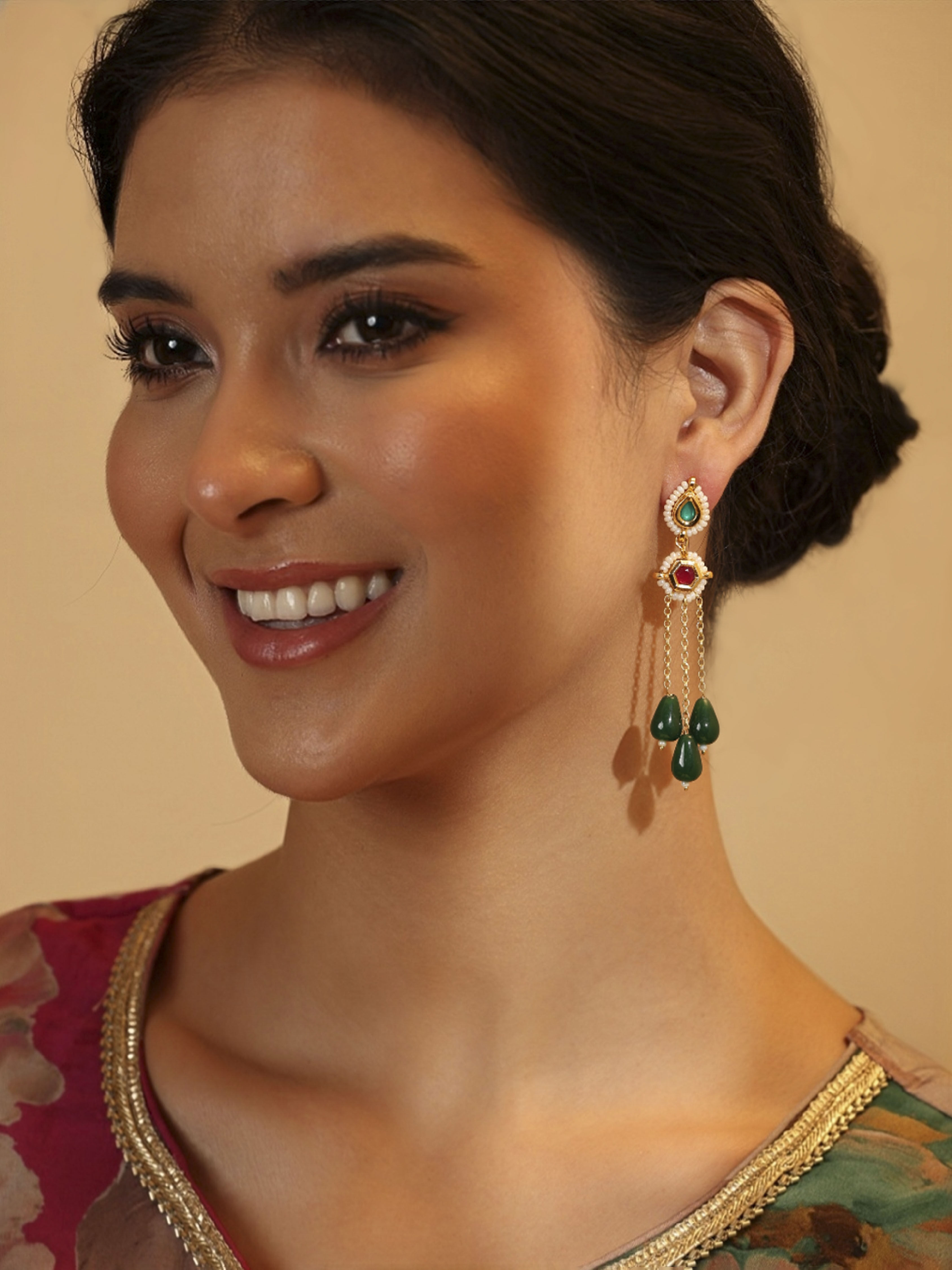 Green Gold Plated Brass Drop & Dangler Earrings image number 3