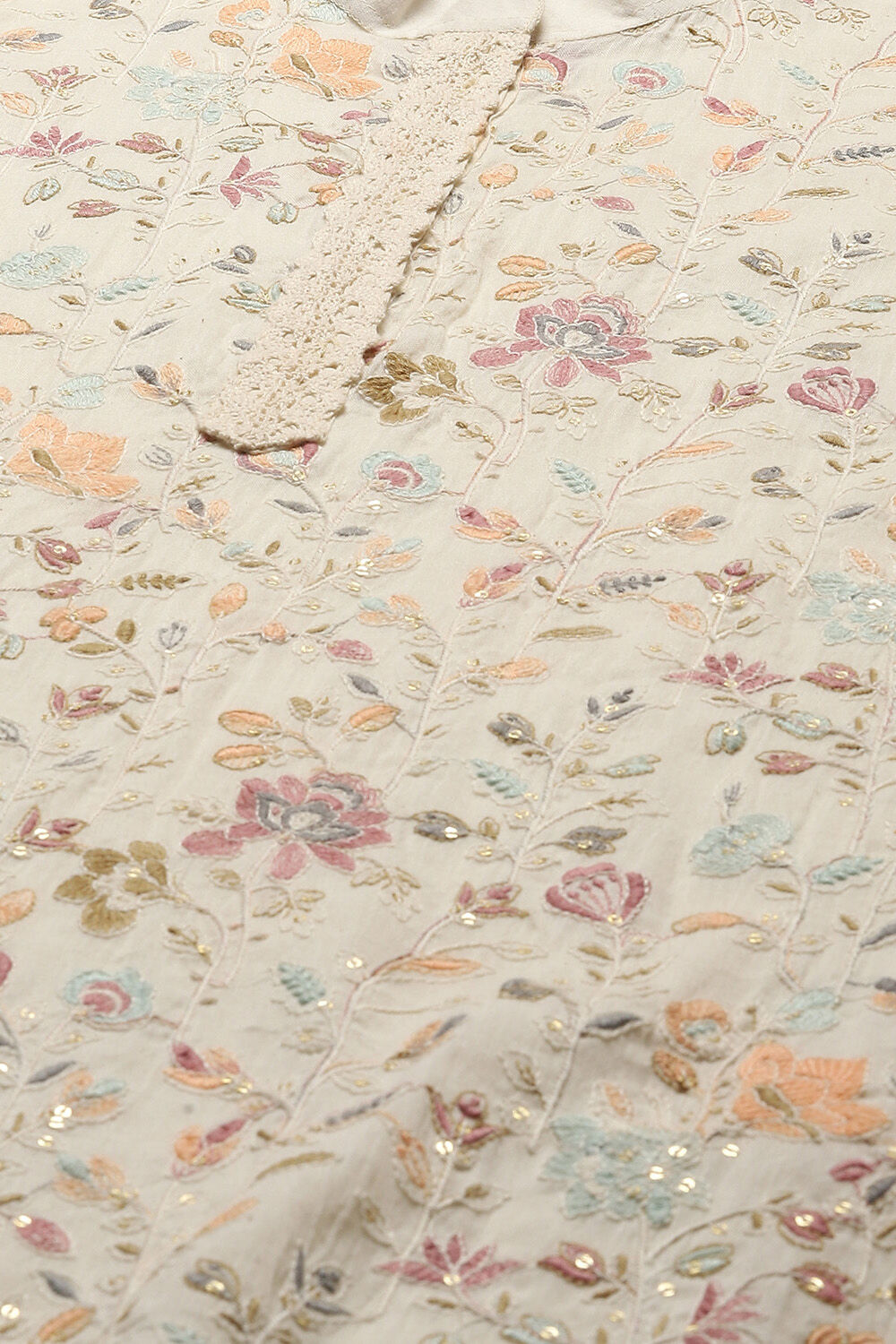 Off White Cotton Hand Embroidered Unstitched Suit Set image number 2