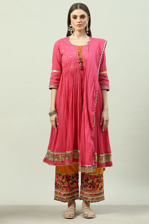 Pink Cotton Anarkali Kurta Palazzo Suit Set image number 6