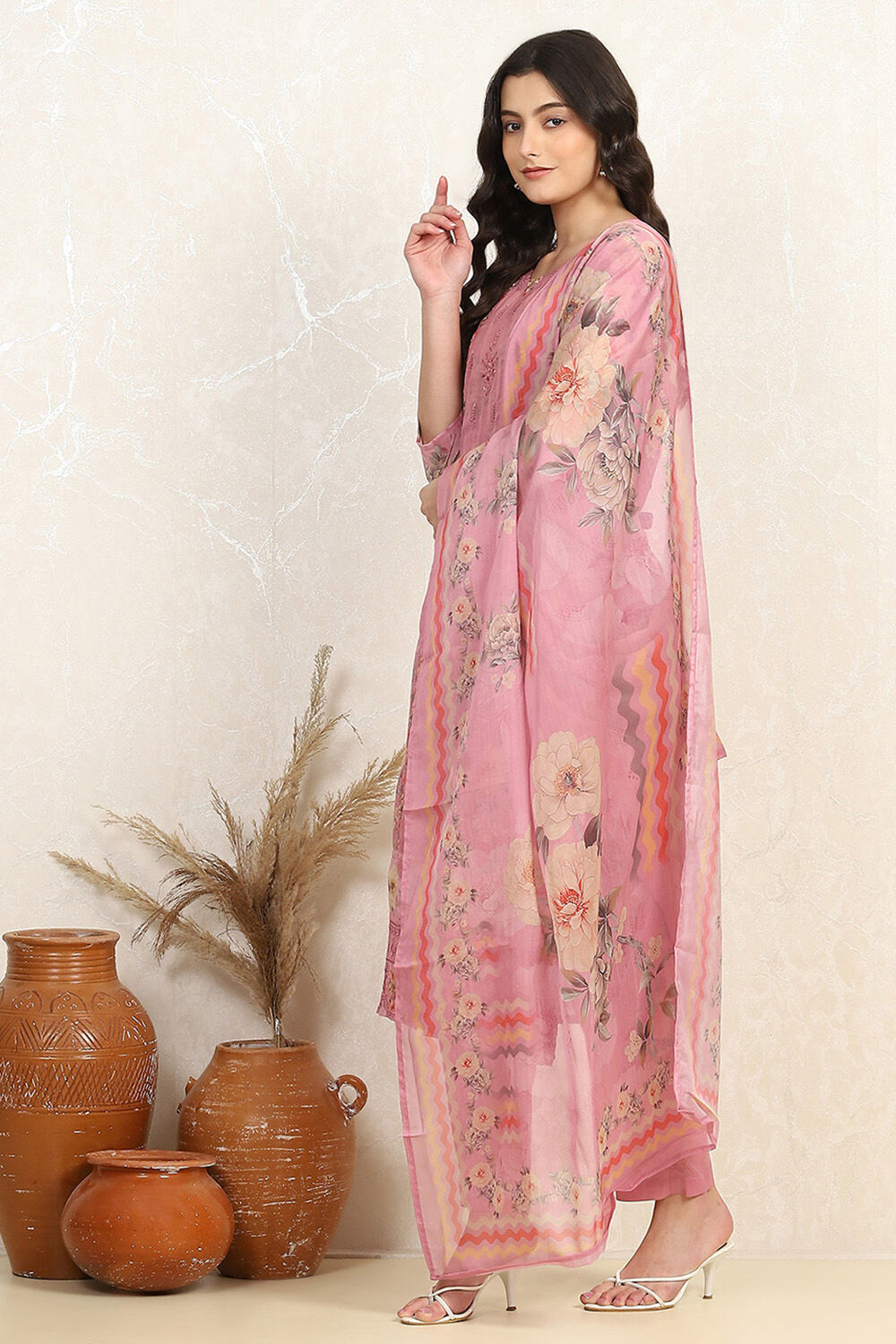 Orange Muslin Unstitched Suit Set image number 4