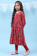 Red Rayon Tiered Printed Kurta image number 3