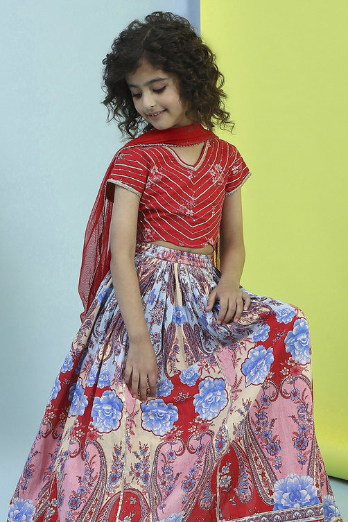 Red Cotton Printed Flared Lehenga Set image number 7