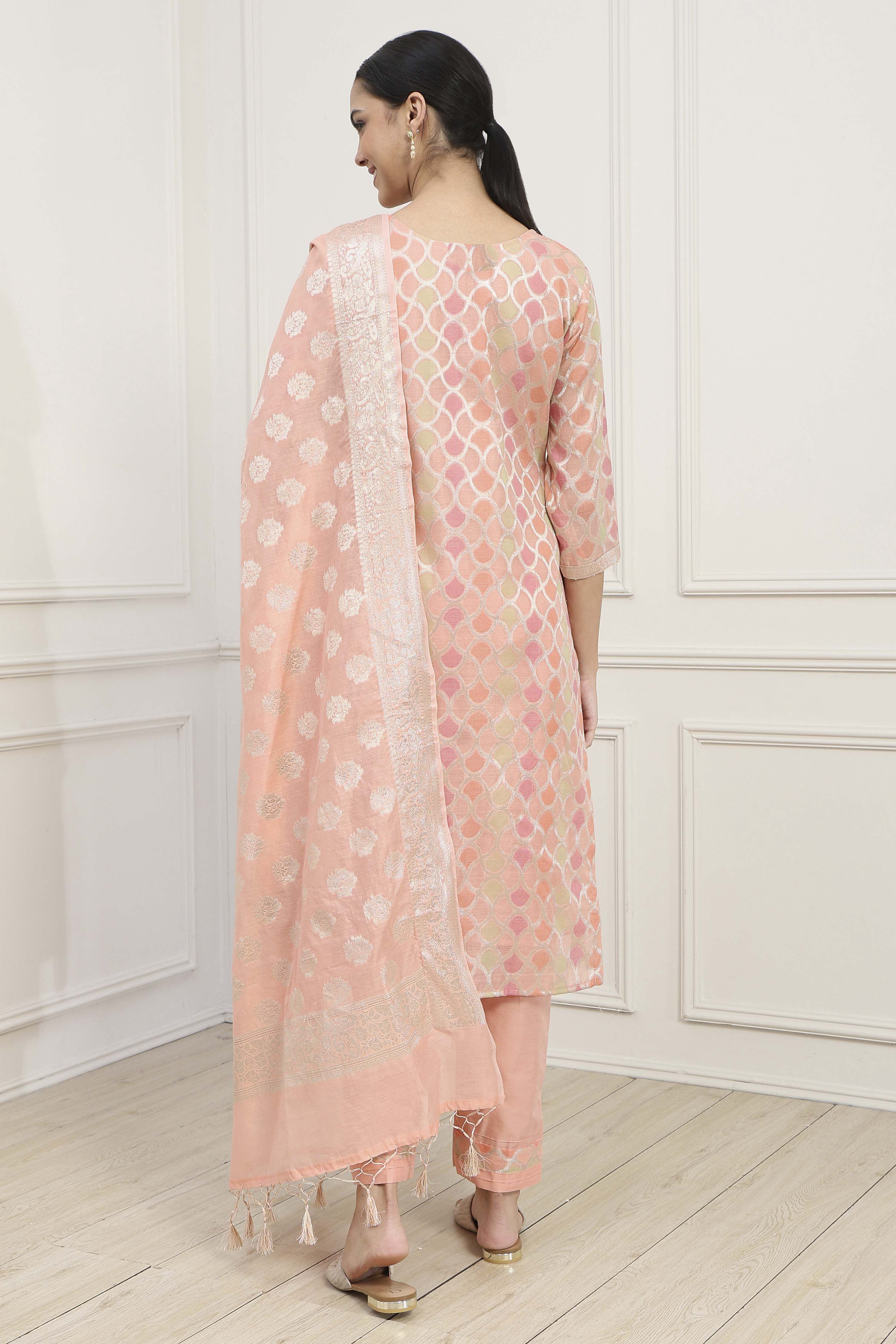 Peach Chanderi Blend Banarasi Unstitched Suit Set image number 5