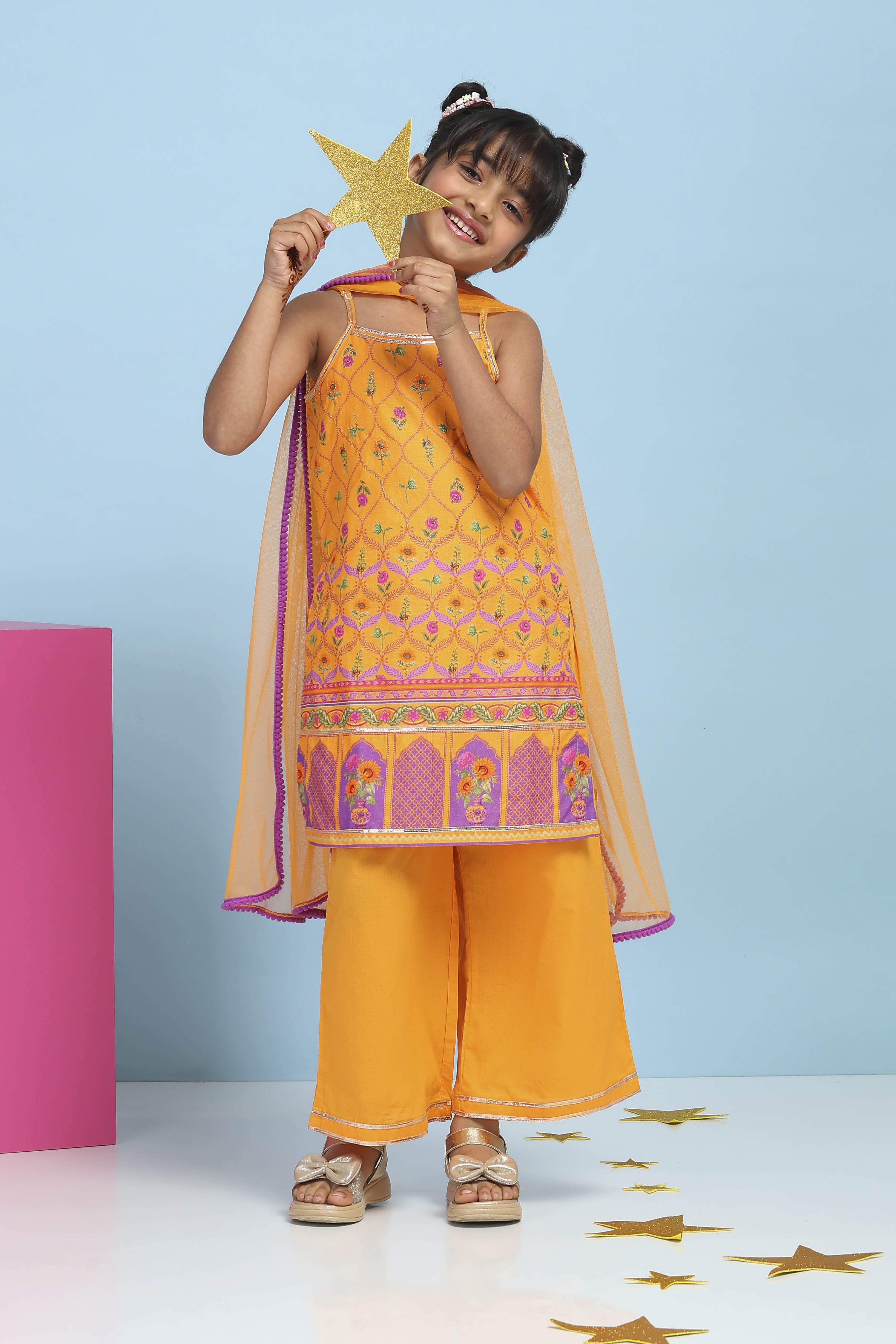 Orange Cotton Printed Straight Suit Set image number 0