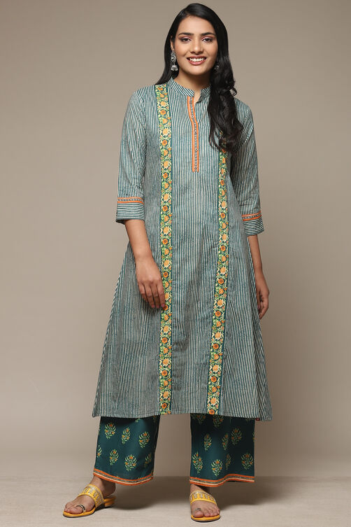 Yellow Cotton A-Line Kurta Palazzo Suit Set image number 6