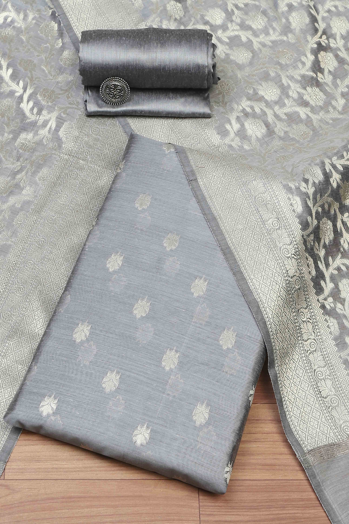 Grey Cotton Printed Embroidered Unstitched Suit Set