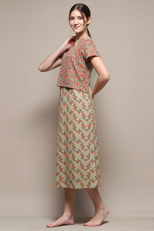 Sage Green Cotton Blend Printed Nightdress image number 2