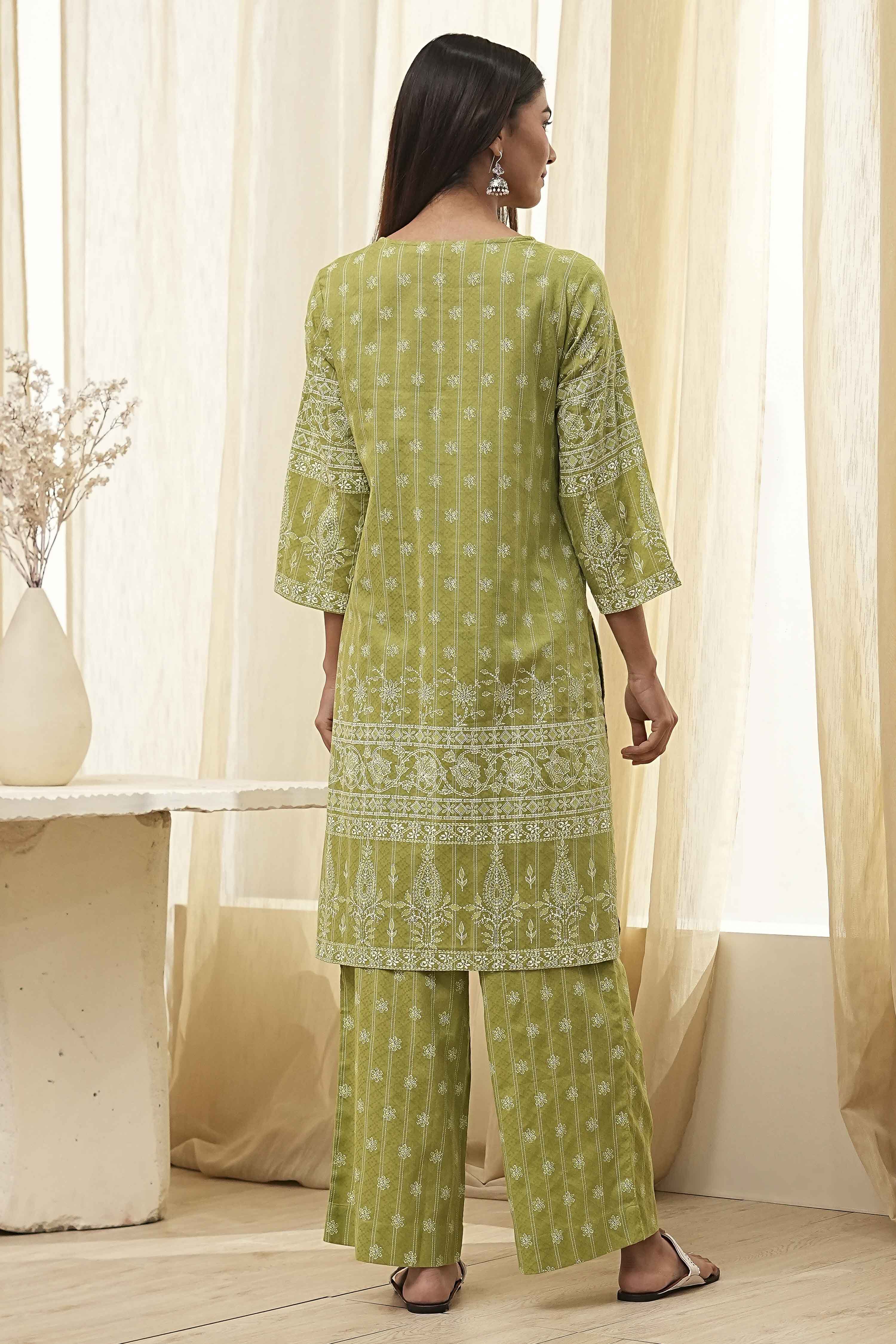 Mehendi Green Cotton Printed Straight Suit Set image number 4