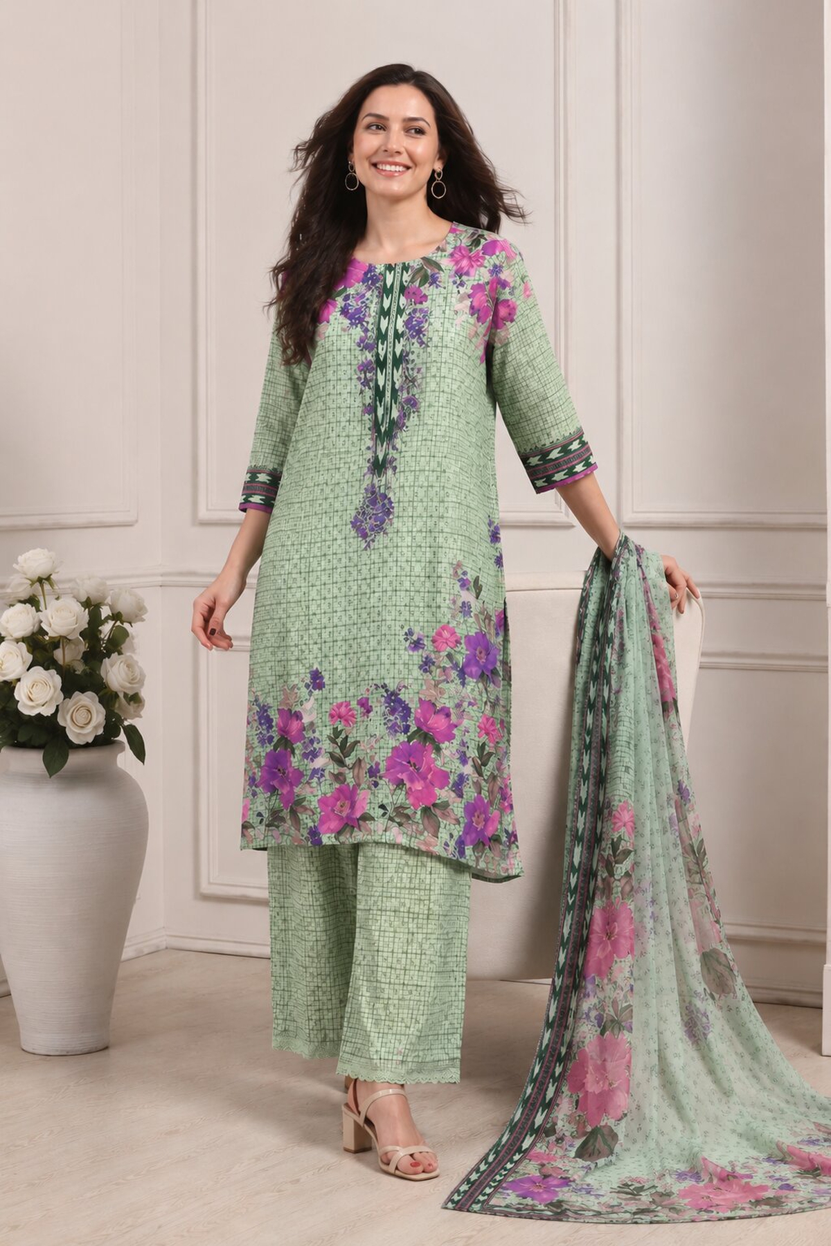Purple Rayon Printed Straight Suit Set