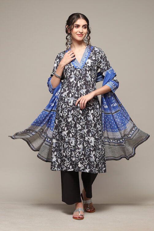 Charcoal LIVA Straight Printed Kurta Narrow Palazzo Suit Set image number 0